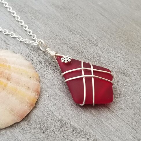 yinahawaii Hawaii Handmade Sea Glass Necklace, Red Wire Criss-Cross Beach Glass Jewelry, Directly From Our Island of Oahu, Hawaiian January Birthday Gift in Kuwait