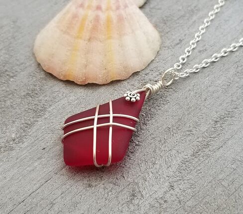 yinahawaii Hawaii Handmade Sea Glass Necklace, Red Wire Criss-Cross Beach Glass Jewelry, Directly From Our Island of Oahu, Hawaiian January Birthday Gift in Kuwait