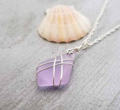 yinahawaii Hawaii Handmade Sea Glass Necklace, Purple Wire Criss-Cross Beach Glass Jewelry, Directly From Our Island of Oahu, Hawaiian February Birthday Gift in Kuwait