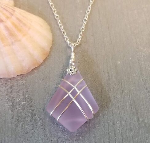 yinahawaii Hawaii Handmade Sea Glass Necklace, Purple Wire Criss-Cross Beach Glass Jewelry, Directly From Our Island of Oahu, Hawaiian February Birthday Gift in Kuwait