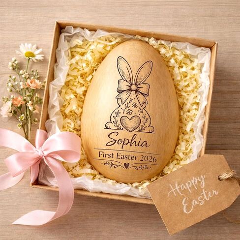 Personalized Wooden Easter Egg Shaker, Custom Wood Eggs, Kids Wooden Eggs, Easter Basket Kids, Baby First Easters Holiday Table Décor A6 in Kuwait