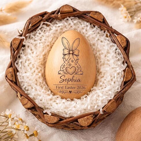 Personalized Wooden Easter Egg Shaker, Custom Wood Eggs, Kids Wooden Eggs, Easter Basket Kids, Baby First Easters Holiday Table Décor A6 in Kuwait