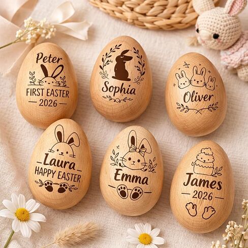 Personalized Wooden Easter Egg Shaker, Custom Wood Eggs, Kids Wooden Eggs, Easter Basket Kids, Baby First Easters Holiday Table Décor A6 in Kuwait