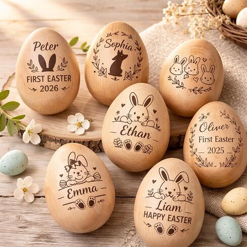 Personalized Wooden Easter Egg Shaker, Custom Wood Eggs, Kids Wooden Eggs, Easter Basket Kids, Baby First Easters Holiday Table Décor A6 in Kuwait