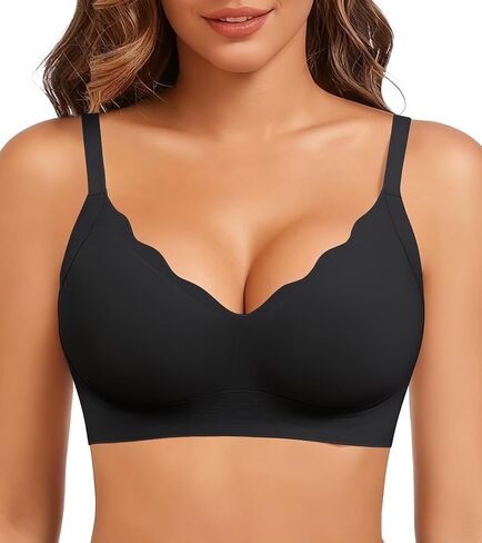 Seamless Bras for Women, Wireless Scalloped V-Neck Push Up Full Coverage Bra, Comfort Everyday Tshirt Bralette in Saudi Arabia