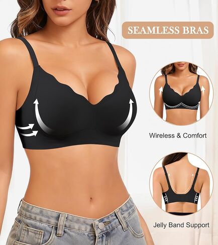 Seamless Bras for Women, Wireless Scalloped V-Neck Push Up Full Coverage Bra, Comfort Everyday Tshirt Bralette in Saudi Arabia