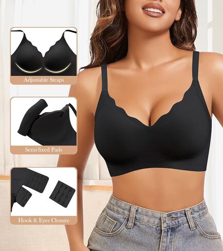 Seamless Bras for Women, Wireless Scalloped V-Neck Push Up Full Coverage Bra, Comfort Everyday Tshirt Bralette in Saudi Arabia