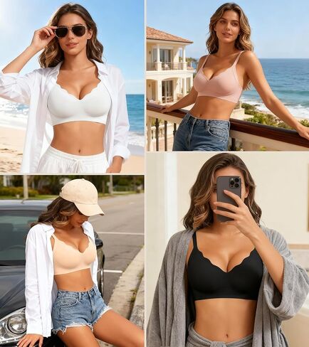 Seamless Bras for Women, Wireless Scalloped V-Neck Push Up Full Coverage Bra, Comfort Everyday Tshirt Bralette in Saudi Arabia