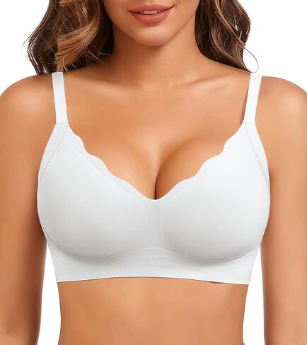 Seamless Bras for Women, Wireless Scalloped V-Neck Push Up Full Coverage Bra, Comfort Everyday Tshirt Bralette in Saudi Arabia
