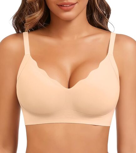 Seamless Bras for Women, Wireless Scalloped V-Neck Push Up Full Coverage Bra, Comfort Everyday Tshirt Bralette in Saudi Arabia
