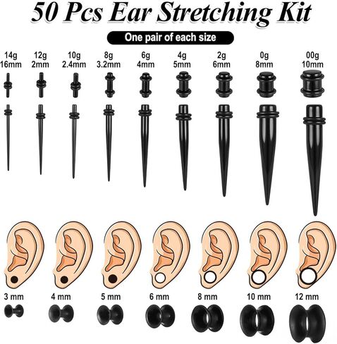 50Pcs Ear Stretching Kit 14G-00G Acrylic Gauges for Ears Tapers, Tunnels & Plugs, Lightweight Acrylic Expanders for Starter Beginner Men Women in Kuwait