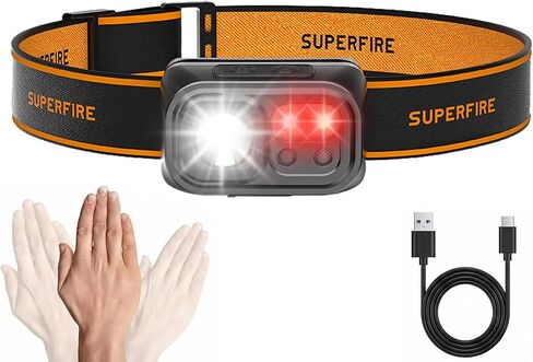 SuperFire Headlamp Rechargeable ，Lightweight Head Lamp with 9 Modes,IP44 Water Resistant,headlamp Flashlight for Running Fishing Hiking Camping,Rechargeable headlamps for Adults（with Storage Box） in Kuwait