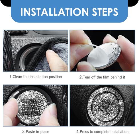 Pack-2 Bling Rhinestone Start Button Cover, Push to Start Button Cover Crystal Sticker, Key Ignition & Knob Ring Decoration Accessories, Universal Bling Car Accessories for Women (White) in Kuwait