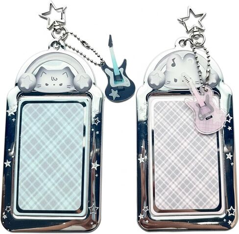 قطعتين من سلسلة مفاتيح حامل بطاقات الصور الموسيقية على شكل قطة مع قلادة جيتار - حافظة واقية شفافة لبطاقة الهوية والشارة وبطاقة الحافلة والمزيد in Kuwait