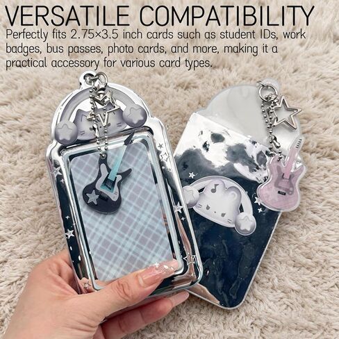 قطعتين من سلسلة مفاتيح حامل بطاقات الصور الموسيقية على شكل قطة مع قلادة جيتار - حافظة واقية شفافة لبطاقة الهوية والشارة وبطاقة الحافلة والمزيد in Kuwait