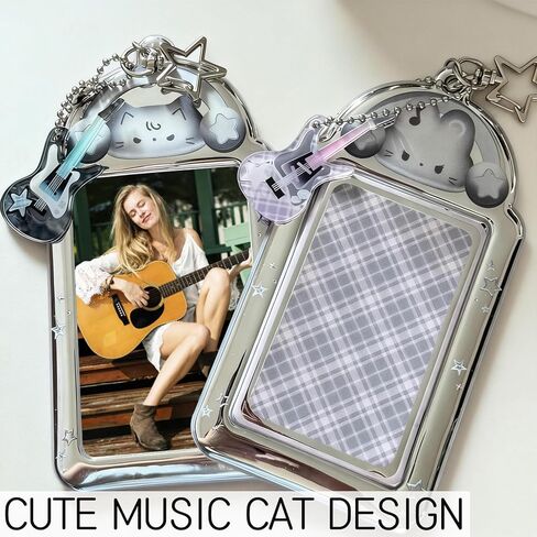 قطعتين من سلسلة مفاتيح حامل بطاقات الصور الموسيقية على شكل قطة مع قلادة جيتار - حافظة واقية شفافة لبطاقة الهوية والشارة وبطاقة الحافلة والمزيد in Kuwait