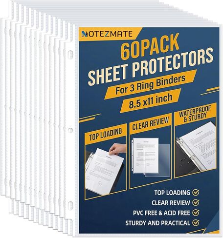 60 Pack Sheet Protectors,8.5 x11 Inch,Clear Heavy Duty Page Protectors for 3 Ring Binder, Top Loading Polypropylene Plastic Sleeves,Document Protectors for School Office Supplie,Letter Size in Kuwait