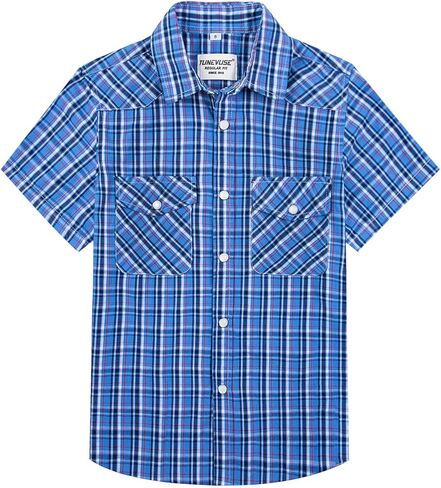 TUNEVUSE Boys Western Shirts Pearl Snap Short Sleeve Casual Plaid Button Down Kids Shirt 100% Cotton in Saudi Arabia