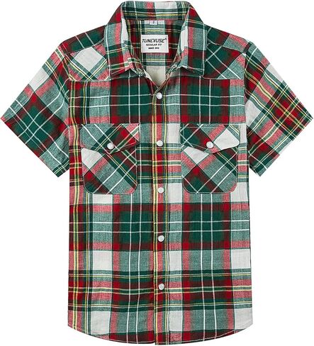 TUNEVUSE Boys Western Shirts Pearl Snap Short Sleeve Casual Plaid Button Down Kids Shirt 100% Cotton in Saudi Arabia