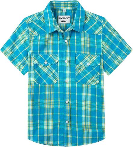 TUNEVUSE Boys Western Shirts Pearl Snap Short Sleeve Casual Plaid Button Down Kids Shirt 100% Cotton in Saudi Arabia