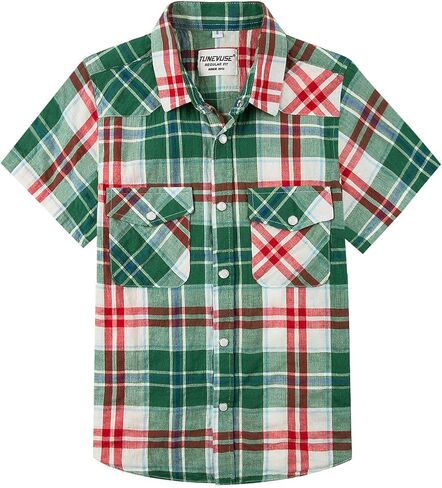 TUNEVUSE Boys Western Shirts Pearl Snap Short Sleeve Casual Plaid Button Down Kids Shirt 100% Cotton in Saudi Arabia