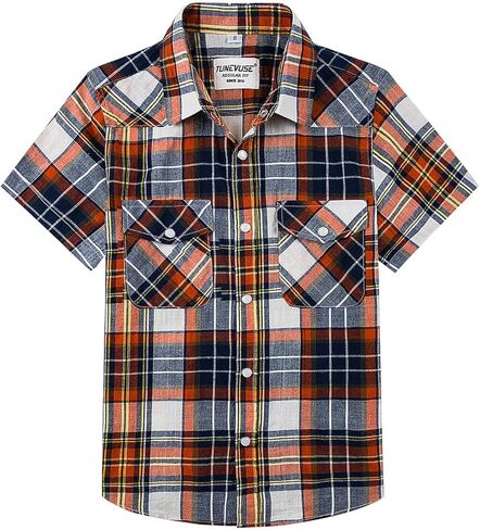 TUNEVUSE Boys Western Shirts Pearl Snap Short Sleeve Casual Plaid Button Down Kids Shirt 100% Cotton in Saudi Arabia