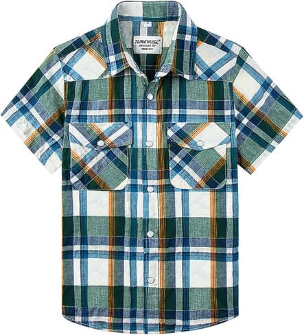 TUNEVUSE Boys Western Shirts Pearl Snap Short Sleeve Casual Plaid Button Down Kids Shirt 100% Cotton in Saudi Arabia