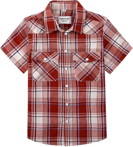 TUNEVUSE Boys Western Shirts Pearl Snap Short Sleeve Casual Plaid Button Down Kids Shirt 100% Cotton in Saudi Arabia