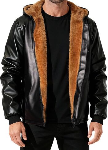 Leather Jacket Men,Faux Leather Jacket Warm Golden Lined With Removable Hood,Jackets For Winter in Saudi Arabia