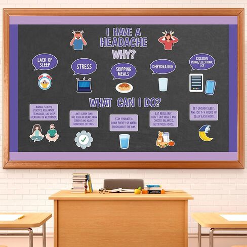 80 قطعة من لوحة الإعلانات الخاصة بالصداع ديكورات الفصول الدراسية، فتحات ذات موضوع صحي، علامة الاسم، حواف أرجوانية، ملصق مكتب ممرضة المدرسة، مستشفى الرعاية الصحية، ديكور العيادة، لوازم سبورة الطباشير الجدارية in Kuwait