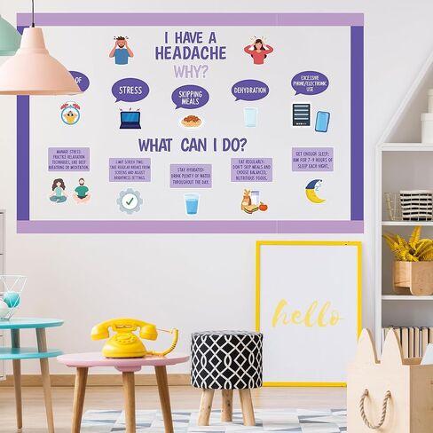 80 قطعة من لوحة الإعلانات الخاصة بالصداع ديكورات الفصول الدراسية، فتحات ذات موضوع صحي، علامة الاسم، حواف أرجوانية، ملصق مكتب ممرضة المدرسة، مستشفى الرعاية الصحية، ديكور العيادة، لوازم سبورة الطباشير الجدارية in Kuwait