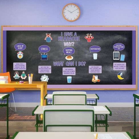 80 قطعة من لوحة الإعلانات الخاصة بالصداع ديكورات الفصول الدراسية، فتحات ذات موضوع صحي، علامة الاسم، حواف أرجوانية، ملصق مكتب ممرضة المدرسة، مستشفى الرعاية الصحية، ديكور العيادة، لوازم سبورة الطباشير الجدارية in Kuwait