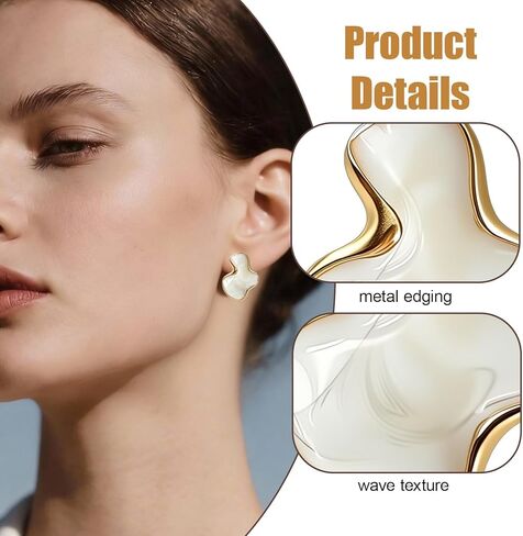 Irregular Statement Earrings for Women, Petal White Enamel Stud Earrings, Large Abstract Geometric Stainless Steel Trendy Jewelry for Party and Daily Wear in Kuwait