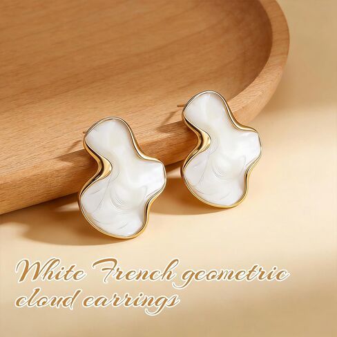 Irregular Statement Earrings for Women, Petal White Enamel Stud Earrings, Large Abstract Geometric Stainless Steel Trendy Jewelry for Party and Daily Wear in Kuwait