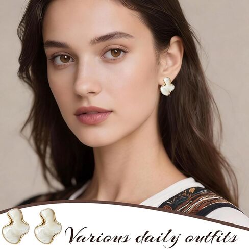 Irregular Statement Earrings for Women, Petal White Enamel Stud Earrings, Large Abstract Geometric Stainless Steel Trendy Jewelry for Party and Daily Wear in Kuwait