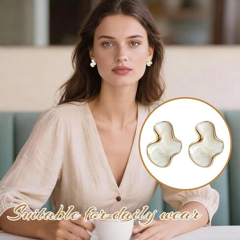 Irregular Statement Earrings for Women, Petal White Enamel Stud Earrings, Large Abstract Geometric Stainless Steel Trendy Jewelry for Party and Daily Wear in Kuwait