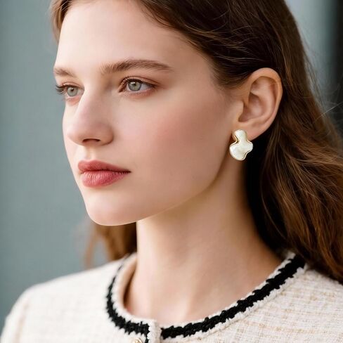 Irregular Statement Earrings for Women, Petal White Enamel Stud Earrings, Large Abstract Geometric Stainless Steel Trendy Jewelry for Party and Daily Wear in Kuwait