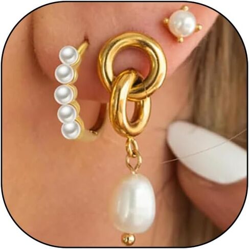 3Pcs Gold Stacked Pearl Knot Earring Set, Dainty Multiple Piercing Huggie Stud Earrings, French Retro Cute Trendy Jewelry Gifts in Saudi Arabia