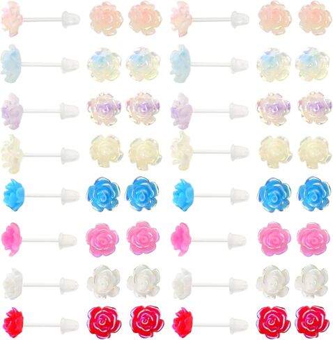16 Pairs 8 mm Hypoallergenic Resin Stud Earrings Rose Flower Plastic Earring Posts with Clear Soft Earring Backs for Sensitive Ears Daily Sports Birthday Party (8 Colors) in Kuwait