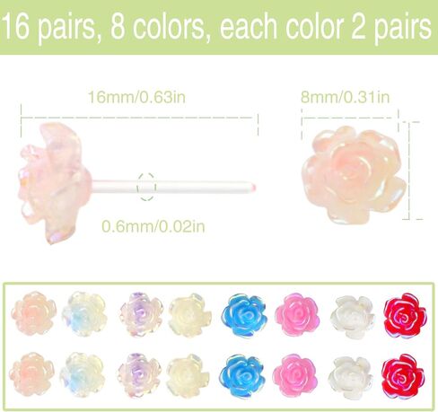 16 Pairs 8 mm Hypoallergenic Resin Stud Earrings Rose Flower Plastic Earring Posts with Clear Soft Earring Backs for Sensitive Ears Daily Sports Birthday Party (8 Colors) in Kuwait