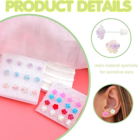 16 Pairs 8 mm Hypoallergenic Resin Stud Earrings Rose Flower Plastic Earring Posts with Clear Soft Earring Backs for Sensitive Ears Daily Sports Birthday Party (8 Colors) in Kuwait