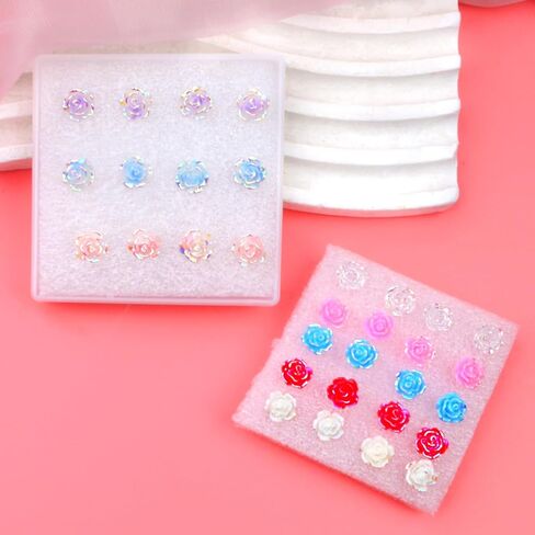 16 Pairs 8 mm Hypoallergenic Resin Stud Earrings Rose Flower Plastic Earring Posts with Clear Soft Earring Backs for Sensitive Ears Daily Sports Birthday Party (8 Colors) in Kuwait