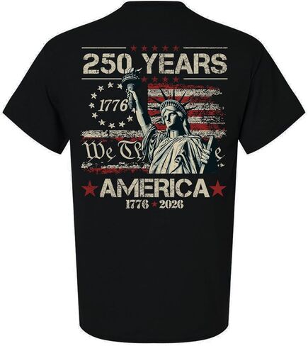 تي شيرت رجالي برسومات Patriot Pride - 250 عامًا، نحن الشعب، سيدة الحرية مع تصميم خلفية العلم الأمريكي in Saudi Arabia