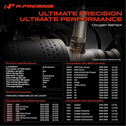 مستشعر الأوكسجين A-Premium O2 متوافق مع BMW 335i 14-15، 435i 14-16، 640i 15-18، X1 16-20، X2 18-20، X4، X5، X6، M2 & Mini Cooper 14-19، Cooper Clubman، Cooper Countryman، 1.5L 2.0L 3.0L، Downstream in Saudi Arabia