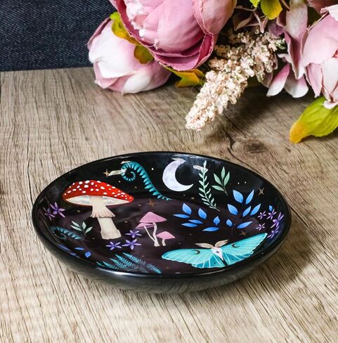Ebros Gift Bone China Ceramic Gothic Wicca Dark Forest Toadstool Mushrooms Luna Moth Apothecary Herbs Trinket Jewelry Dish Or Appetizer Plate in Saudi Arabia