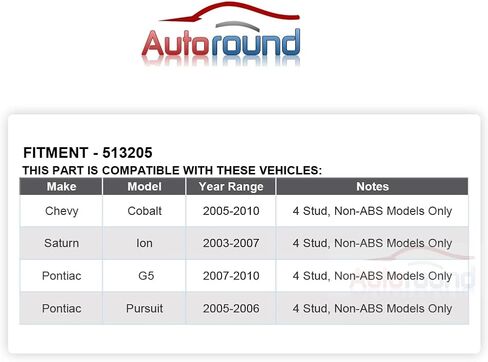 Autoround 513205 Front Wheel Bearing and Hub Assembly Fit for Chevy Cobalt 2005-2010, Saturn Ion 2003-2007, Pontiac G5 2007-2010, Pursuit 2005-2006, 4 Lugs Non-ABS, 2-Pack in Saudi Arabia