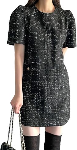 chouyatou Women's Tweed Mini Dress Short Sleeve Crew Neck Work Office Elegant Formal Summer A Line Dresses in Saudi Arabia