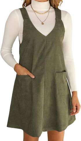 chouyatou Women's Cute Babydoll Sleeveless Corduroy Overall Dress Pullover Midi Tank Dress with Pocket in Saudi Arabia