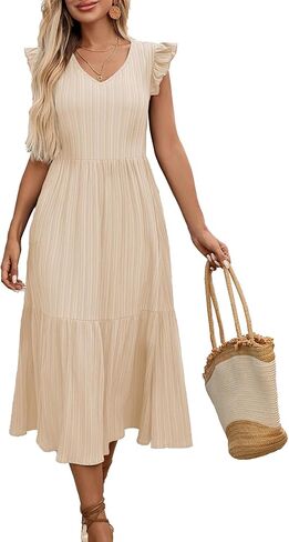 Womens Summer Casual Dresses Ruffle Sleeve V Neck Boho Midi Dress Party Beach Wedding Guest Sundresses Y592 in Saudi Arabia