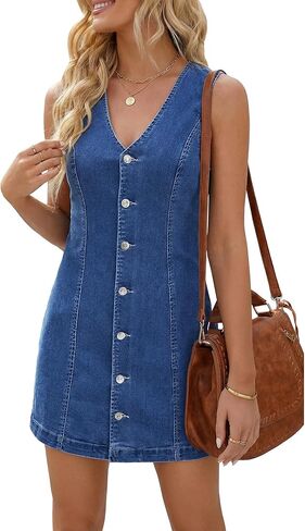 EMMIOL Women's Sleeveless Denim Dress Button Front Relaxed V-Neck Jean Mini Dress Summer Casual Daily Dress 2026 Trendy in Saudi Arabia